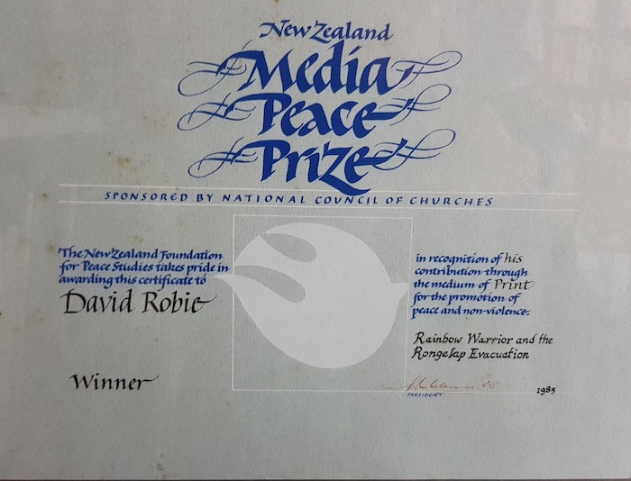 The NZ Media Peace Prize awarded to David Robie, 2 December 1985