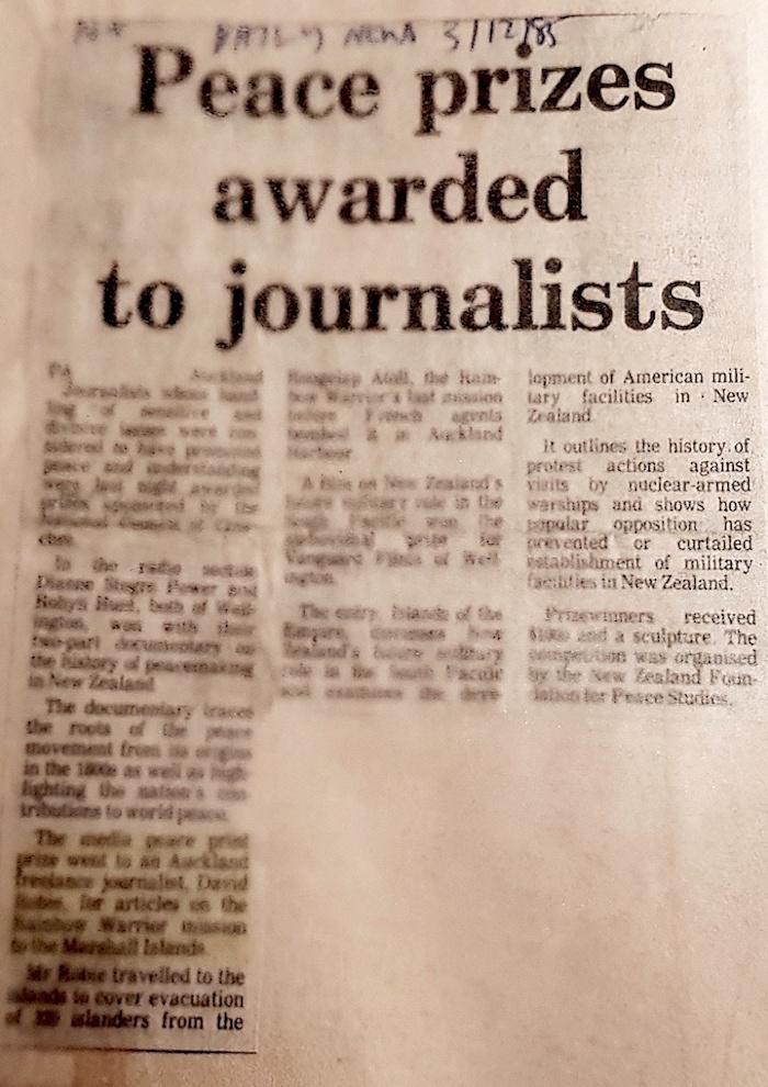 Peace prizes awarded to journalists, The New Zealand Herald 3 December 1985