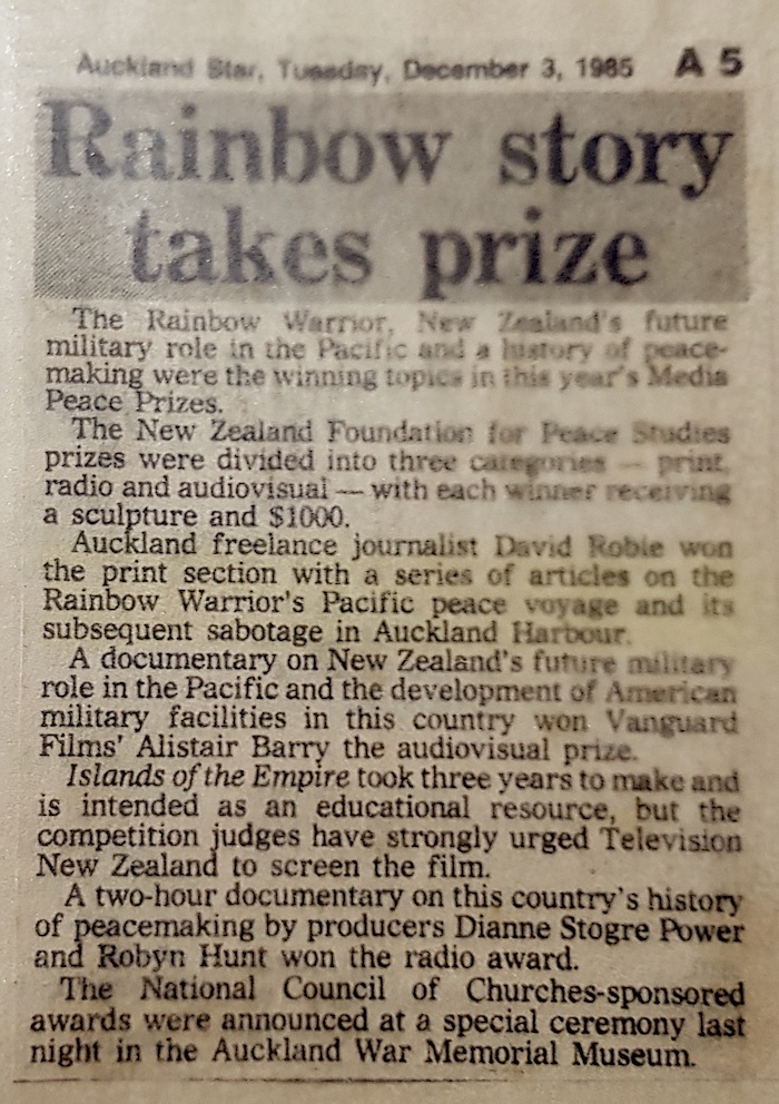 Rainbow Warrior takes prize, Auckland Star, 3 December 1985