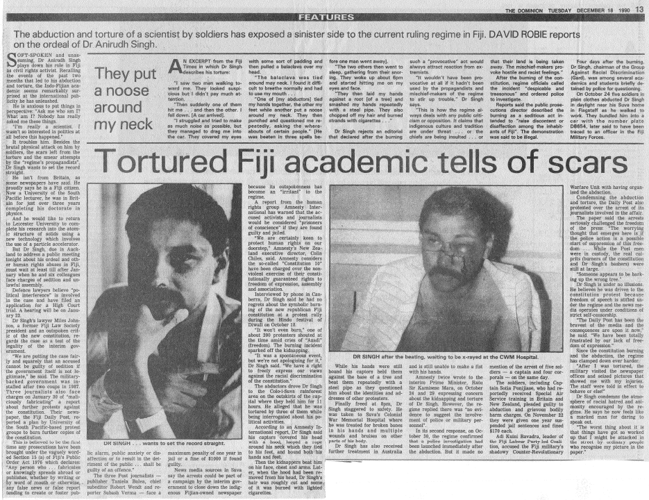 The full Fiji "tortured academic" article in The Dominion, 18 December 1990