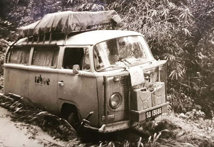 Travelling in their Kombi van through the rainforests of Zaire as part of the transAfrican freelance trek in 1976