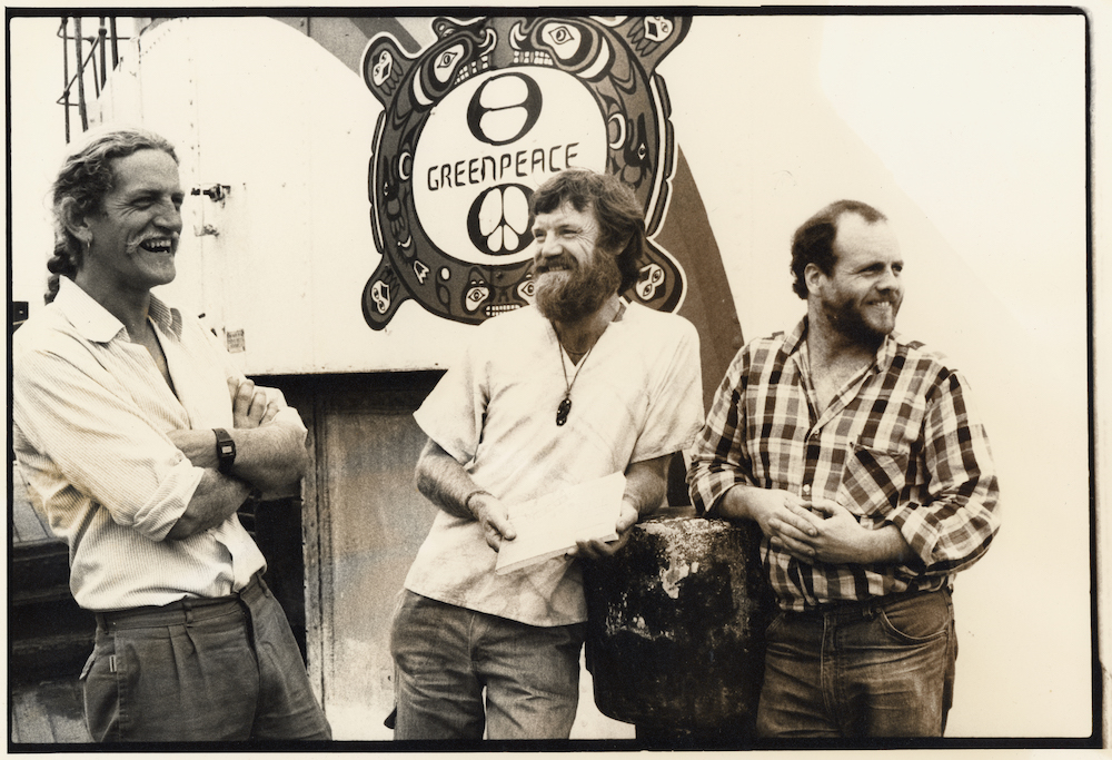 The author, David Robie, with Rainbow Warrior crew members Henk Haazen and Davey Edward