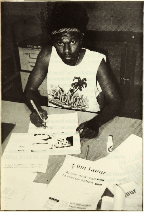 Campion Ohasio drawing cartoons for Uni Tavur in 1994. 