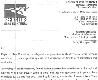 Reporters Without Borders protests against "harassment" of David Robie and Ingrid Leary on 31 August 1998.