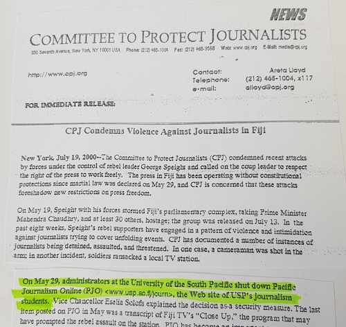 The New York-based Committee to Protect Journalists media watchdog's protest over the violations of media freedom in Fiji during George Speight's attempted coup in 2000
