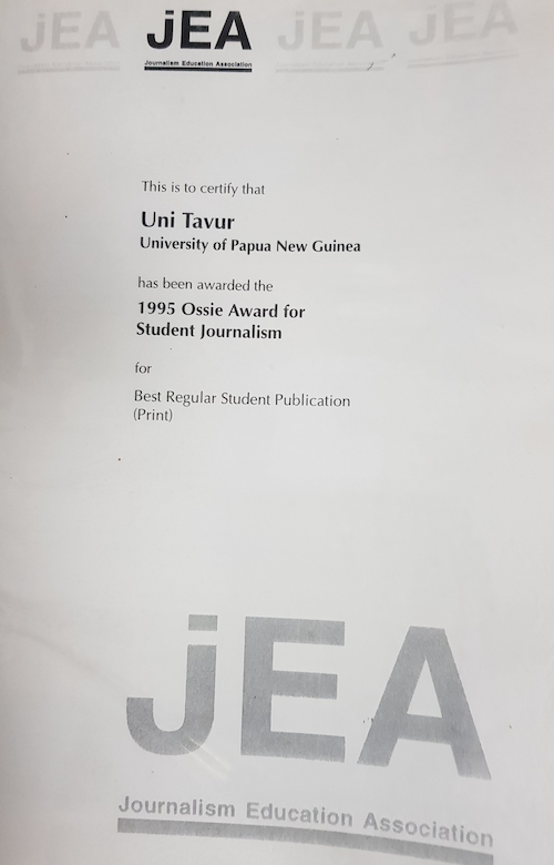 1995 Ossie award for best publication won by Uni Tavur