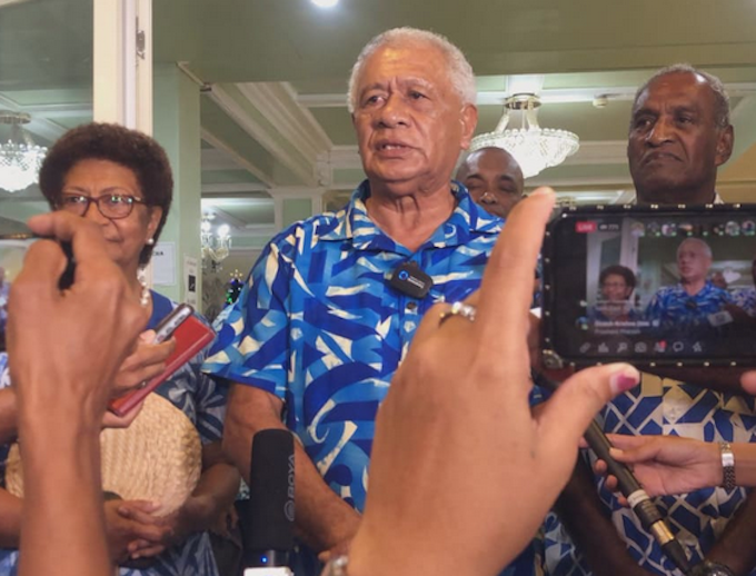 Chief Sodelpa negotiator Anare Jale (middle), former MP Ro Teimumu Kepa (left) and former Sodelpa leader, Ratu Manoa Rorogaca, now party president, announce Sodelpa's choice of coalition partner in Suva on Tuesday