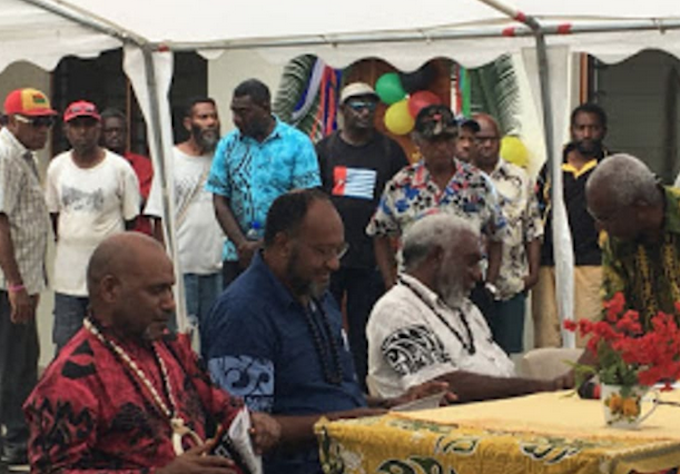 West Papuan leader Benny Wenda (left in red shirt) with Vanuatu government and West Papuan officials at a summit in Port Vila in December 2017