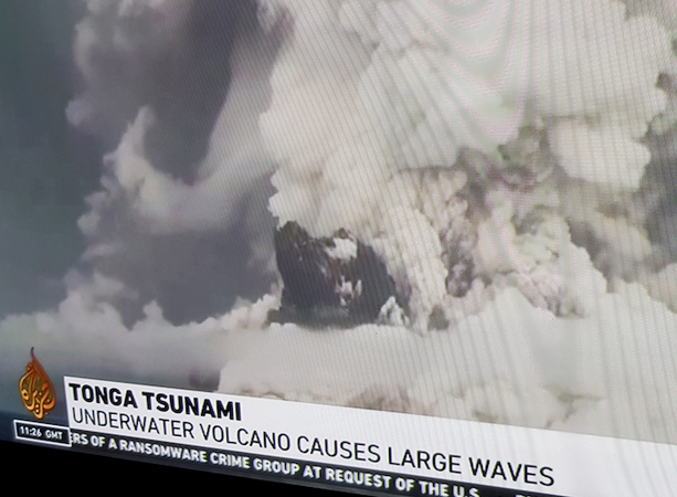 The twin undersea volcano beneath the twin islands of Hunga-Ha’apai and Hunga-Tonga erupting as shown on Al Jazeera television