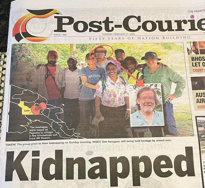 How the PNG Post-Courier reported the kidnap on today's front page 210223