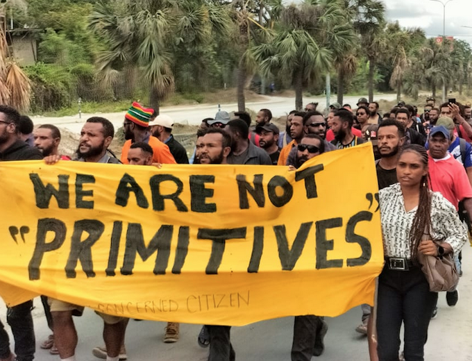 UPNG students . . . marching to Parliament today in protest over offensive comments