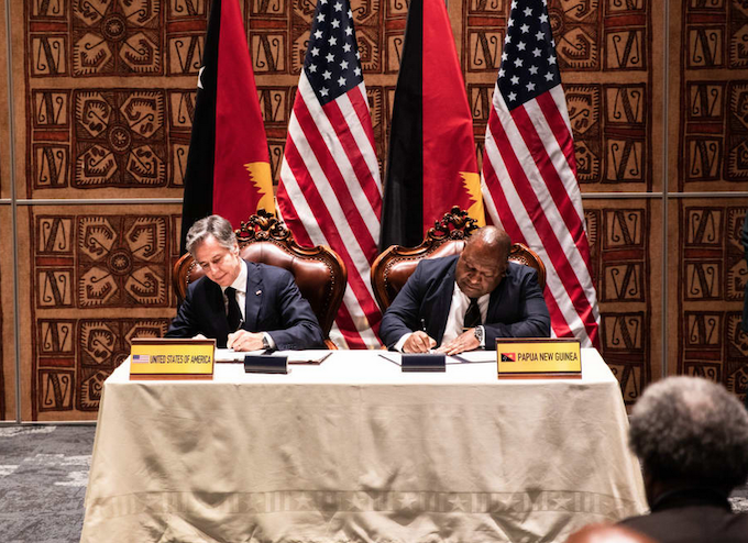 US Secretary of State Antony Blinken and PNG Prime Minister James Marape sign the US-PNG Defence Cooperation pact in Port Moresby