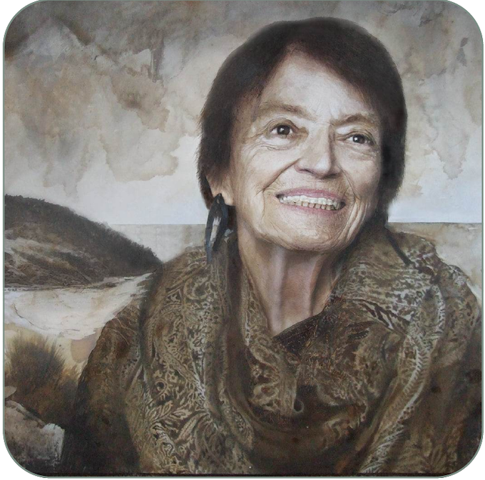 This image of Tui O'Sullivan is a portrait painted by Professor Welby Ings and presented to her on retirement from Auckland University of Technology in 2018