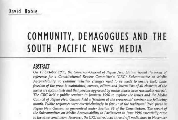 'Community, demagogues and the South Pacific news media' as published in Media International Australia