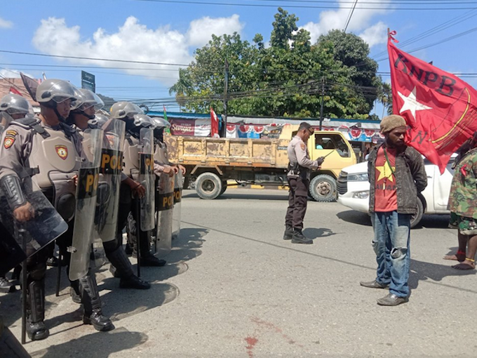 A protest by Papuan activists is blocked around the anniversary of the 1962 New York Agreement in August 2023