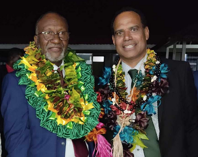 Vanuatu's new Prime Minister Charlot Salwai (left) and Graon Mo Jastis Party's Ralph Regenvanu