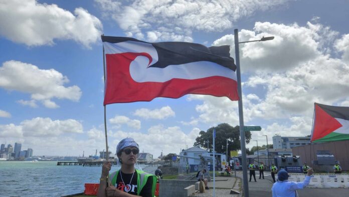 New Zealand protesters supporting Palestine today marched on Auckland's Devonport Naval Base