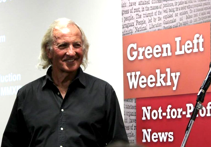 Australian investigative journalist and documentary maker John Pilger addressing a Green Left-hosted public forum in 2014 . . . "For much of the last two decades, the so-called mainstream media were always reluctant to run his pieces because he refused to obediently follow the unspoken war-on-terror line." Image: Peter Boyle/Green Left