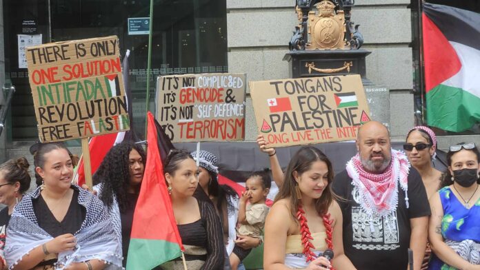 A Pacific cohort at the Palestinian solidarity rally and march at Auckland's Te Komititanga Square today