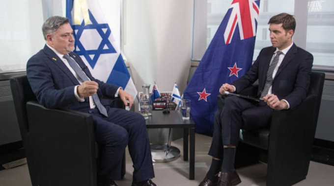 TVNZ's Q&A presenter Jack Tame (right) talks to Israeli Ambassador Ran Yaakabi 
