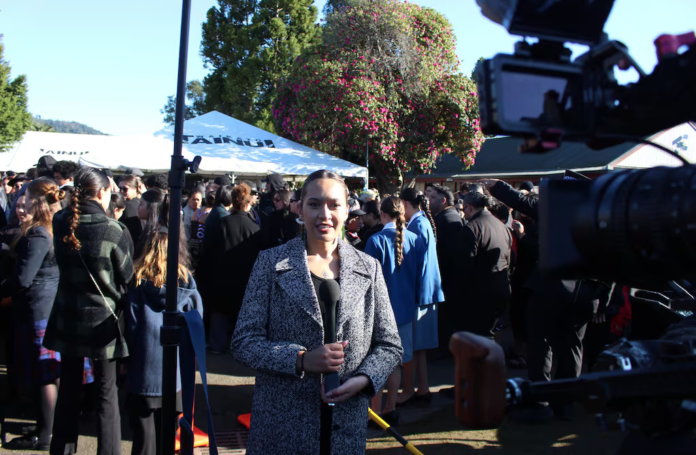 Riria Dalton-Reedy during a live cross for Te Ao Māori News