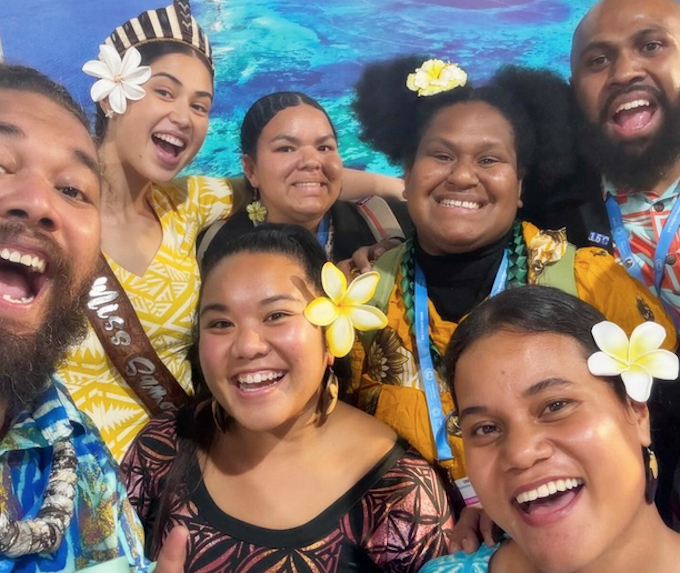 John Taukave (left) from the Micronesian Center for Sustainable Transport and Miss Samoa Litara Ieremia-Allan (second from left) with Pacific youth delegates at COP29