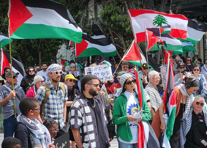 Lebanese and Palestinian flags at a recent solidarity rally in Auckland's Te Komititanga Square