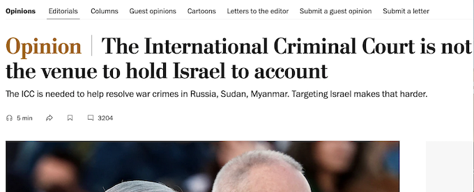 The Washington Post editorial about the International Criminal Court's arrest warrants for Israeli officials published on 24 November 2024