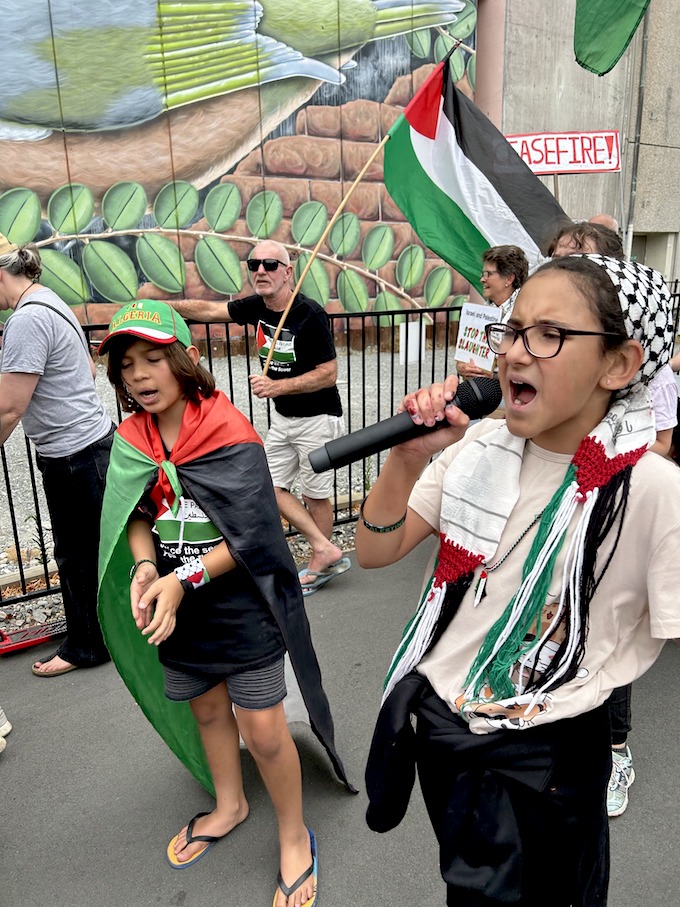 Children at the forefront of an Ōtautahi protest over the Israeli genocide in Gaza