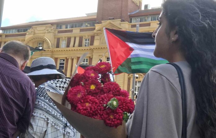 A bouquet for the Gaza ceasefire in Auckland's Te Komititanga square today