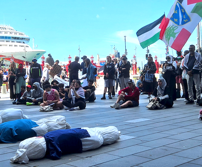 Mock bodies on the pavement in Te Komititanga Square