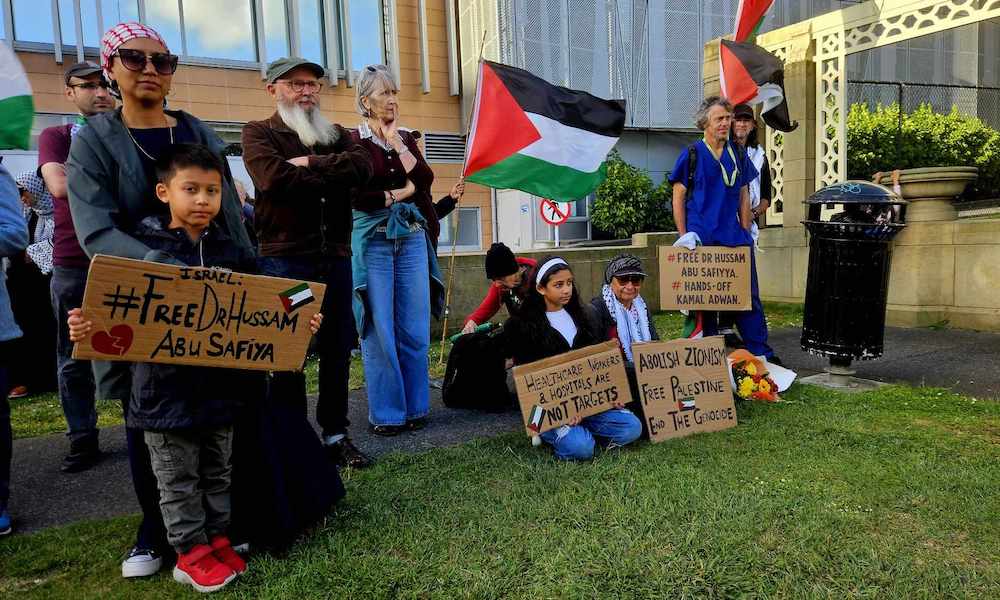 A New Zealand protest outside Auckland Hospital on Friday