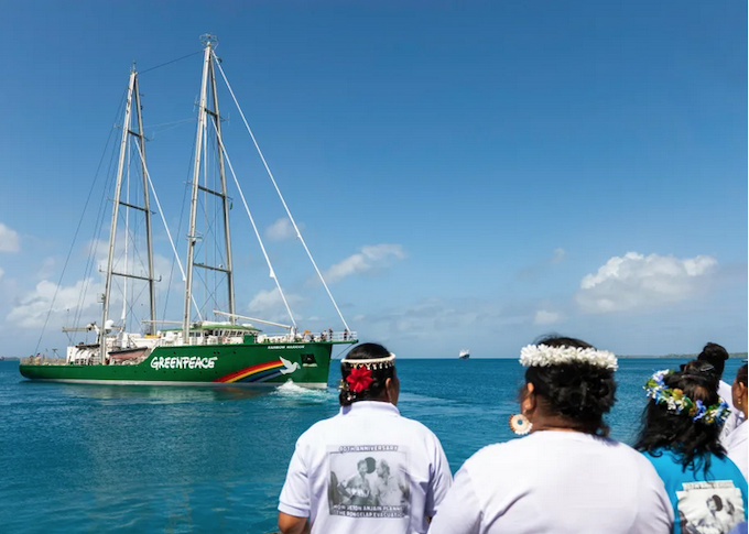 The Greenpeace flagship Rainbow Warrior arrives in the Marshall Islands