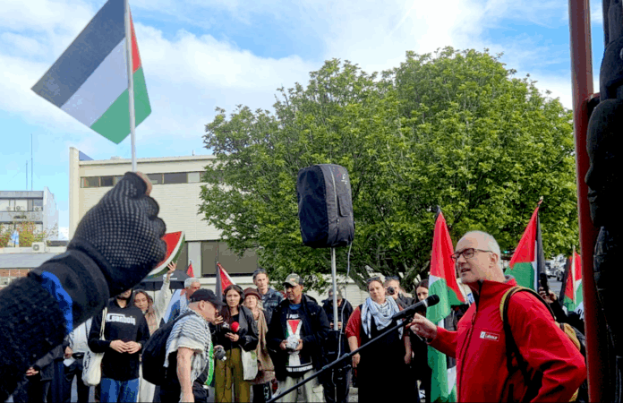 Labour MP Phil Twyford speaking at the Henderson pro-Palestinian humanitarian rally today