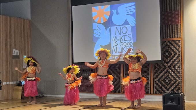 The Te Vaerua O Te Rangi dance group performing at the nuclear-free Pacific exhibition opening in Auckland