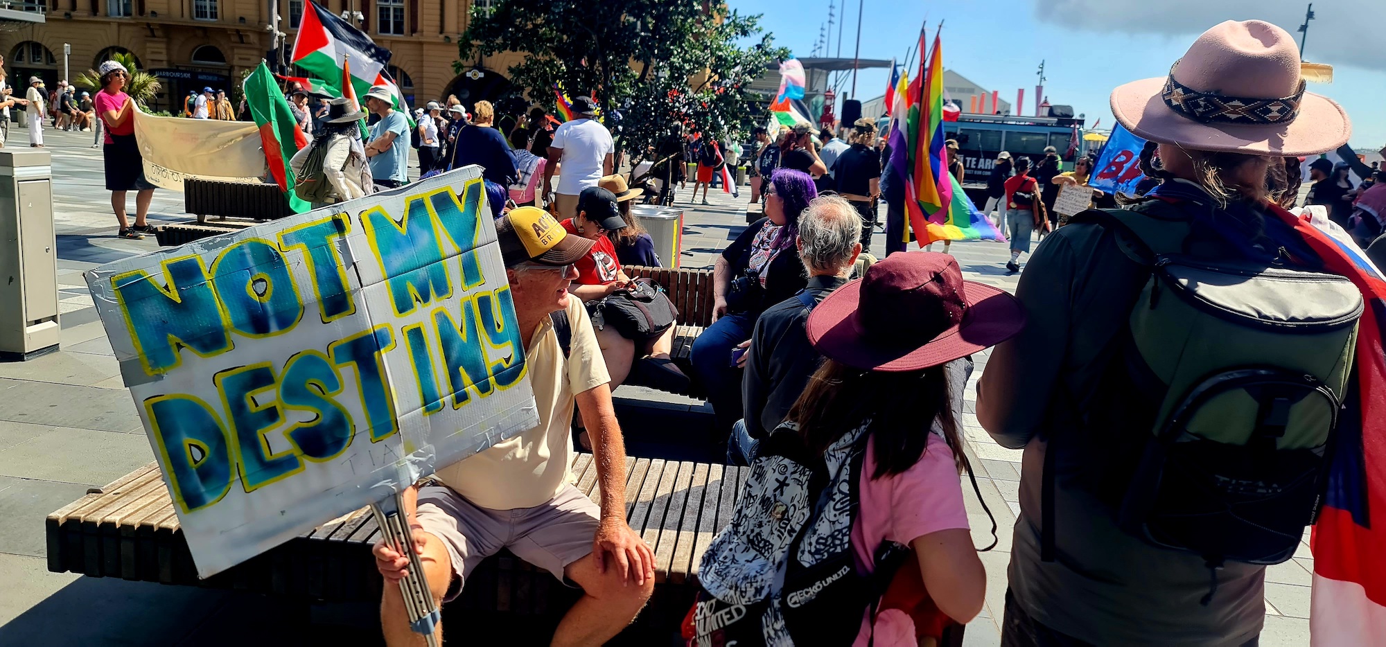 “Not My Destiny” placard at today’s Toitū Te Aroha rally in Auckland