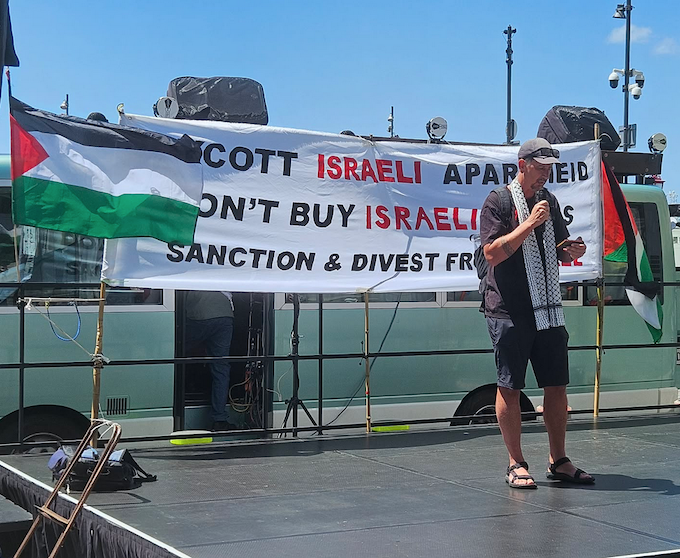Dr Rand Hazou speaking about Palestinian detainees at today’s Auckland rally . . . “Palestinian child detainees are denied access to their parents and lawyers, they are often arrested in the middle of the night.”