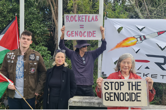 A Rocket Lab protest at Warkworth in July 2025