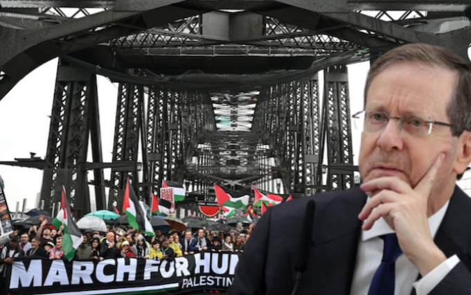 Israeli President Isaac Herzog and the Sydney Harbour Bridge protest last year montage