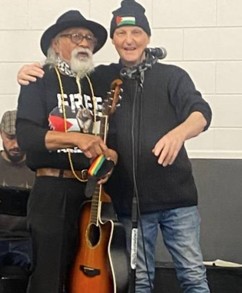 Polynesian Panther Tigilau Ness and Roger Fowler at the launch of his album in September 2025. Ness recorded his rendition of “We Are All Palestinians” here