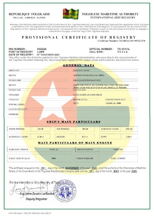The Togo registration certificate for the MV Raider