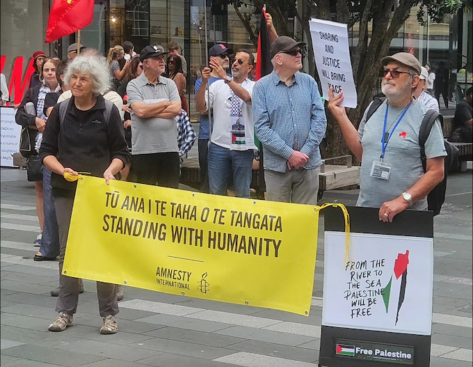 Protesters at today’s pro-Palestine rally in Te Komititanga Square