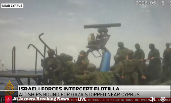 A screenshot of Al Jazeera coverage yesterday as Israeli military storm the flotilla boats