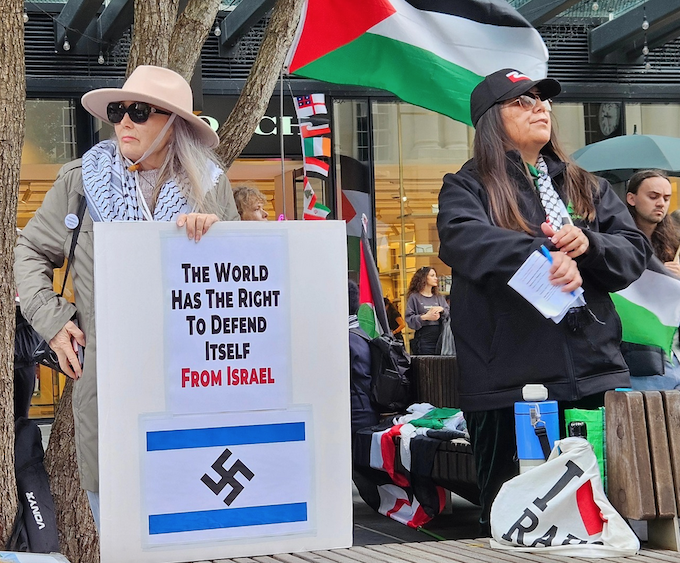 “The world has the right to defend itself from Israel” placard at the Auckland pro-Palestine rally