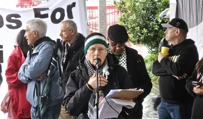 PSNA's Anna Lee . . . reading out the new Free Palestine Party's policy message 