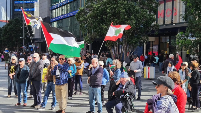 The “Boycott Israeli apartheid . . . Don’t buy Israeli goods” rally