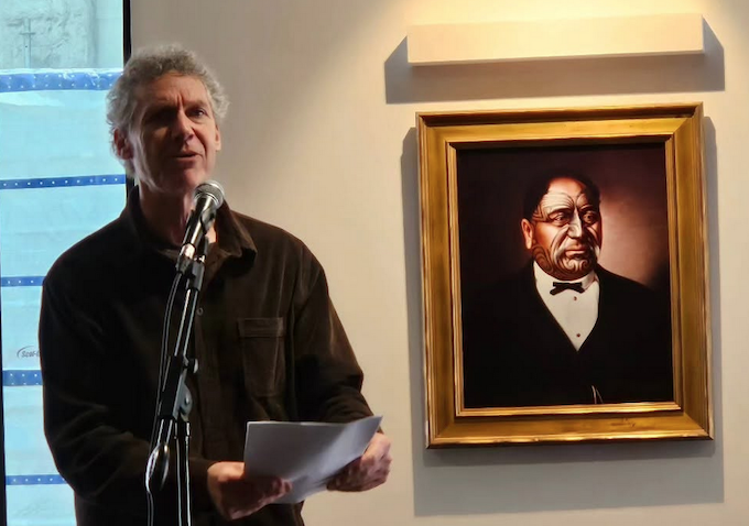 Writer Nick Bollinger speaking at the Roger Fowler whānau's book launch